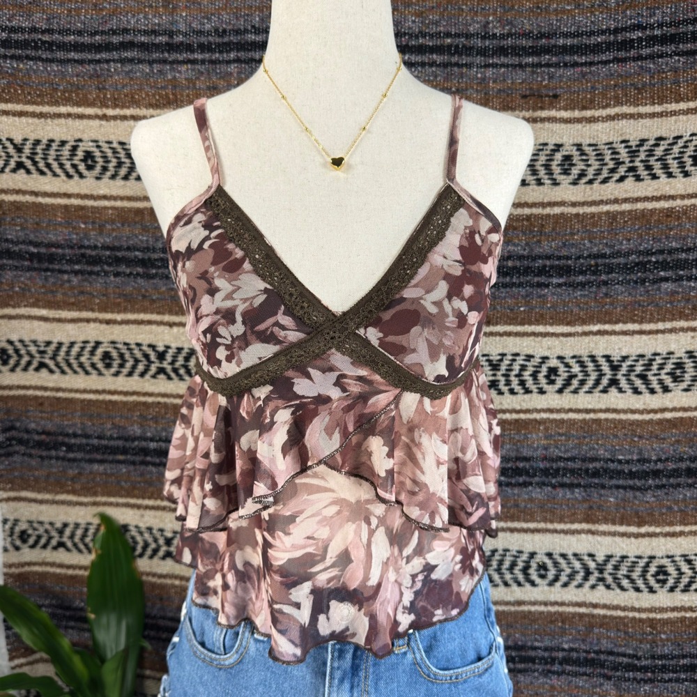 Good Days Project Brown Floral Mesh Ruffle Camisole Top XS Lace Trim V-Neck